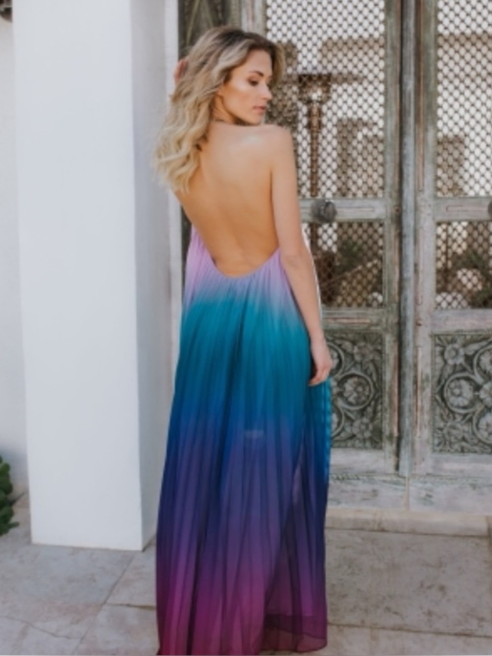 L'ATISTE Pleated Halter Neck Maxi Dress Low Back Ombré Purple Blue Pink Formal - Picture 2 of 13